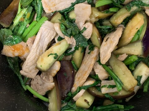 茄子と春菊と豚肉のおろしポン酢炒め